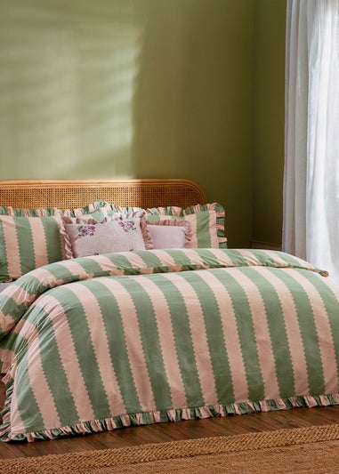 Wylder Birdie Stripe Ruffle Duvet Cover Set Pink/Green