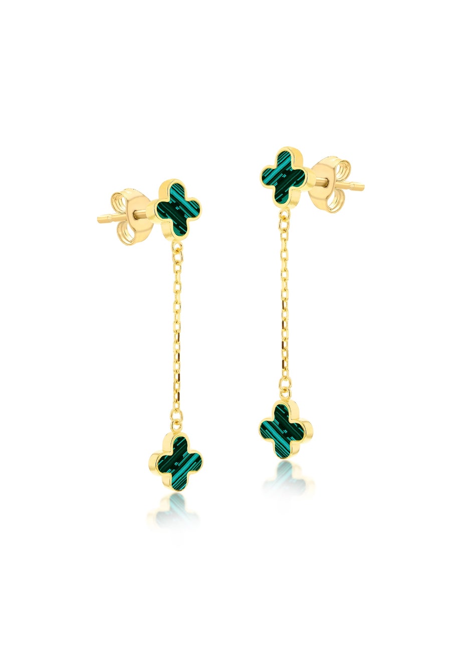 Golden Moments 9ct Yellow Gold  Green Clover Petals Drop Stud Earrings