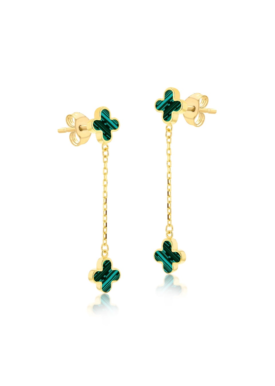 Golden Moments 9ct Yellow Gold  Green Clover Petals Drop Stud Earrings