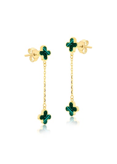 Golden Moments 9ct Yellow Gold Green Clover Petals Drop Stud Earrings