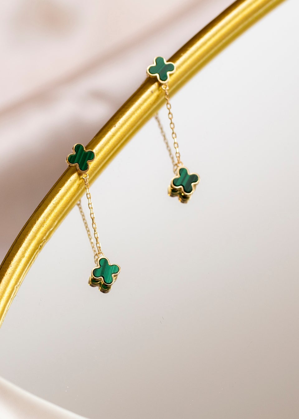 Golden Moments 9ct Yellow Gold  Green Clover Petals Drop Stud Earrings