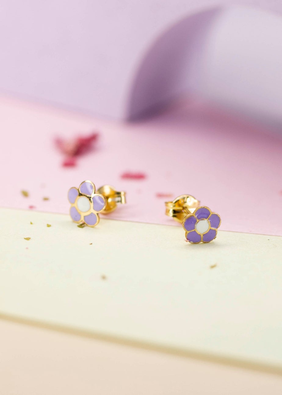 Golden Moments 9ct Yellow Gold Purple Enamel Flower Stud Earrings
