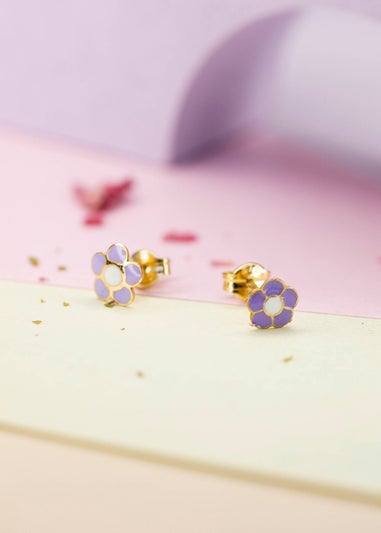 Golden Moments 9ct Yellow Gold Purple Enamel Flower Stud Earrings