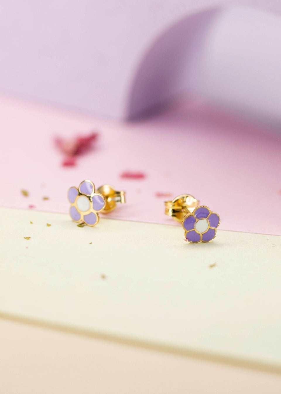 Golden Moments 9ct Yellow Gold Purple Enamel Flower Stud Earrings