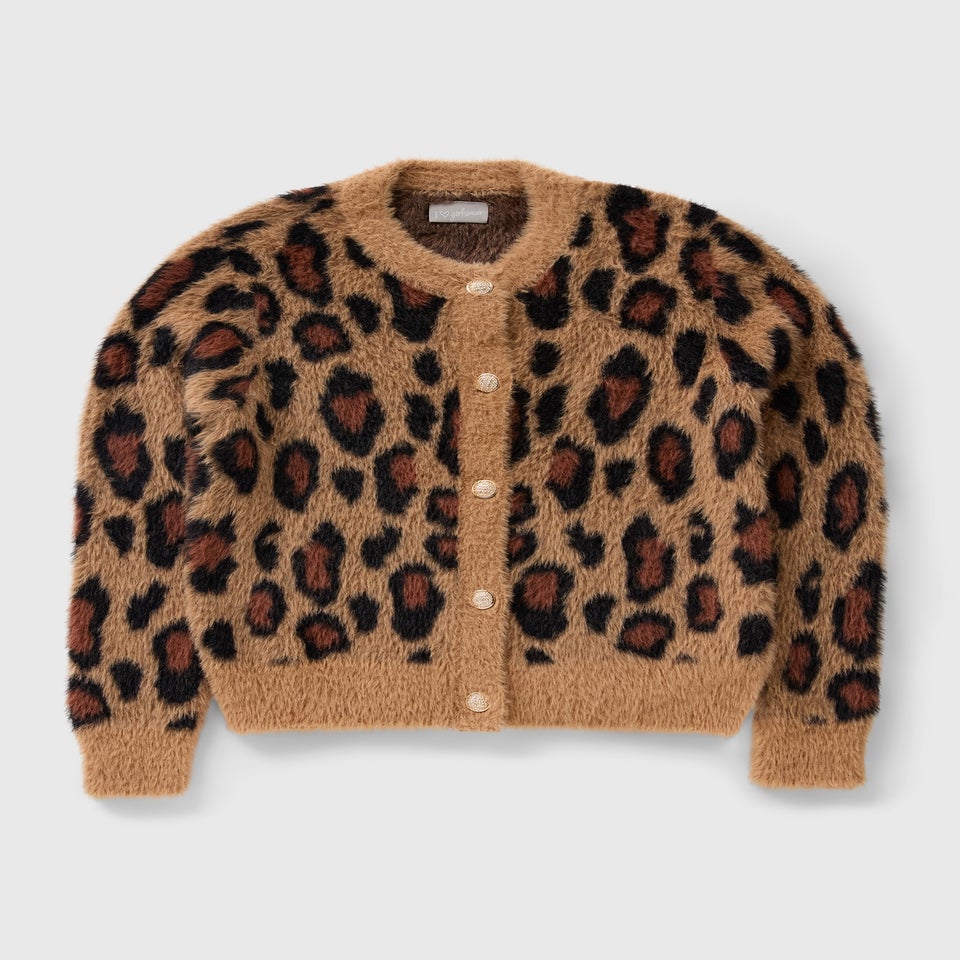 Girls Brown Leopard Fluffy Cardigan (7-15yrs)