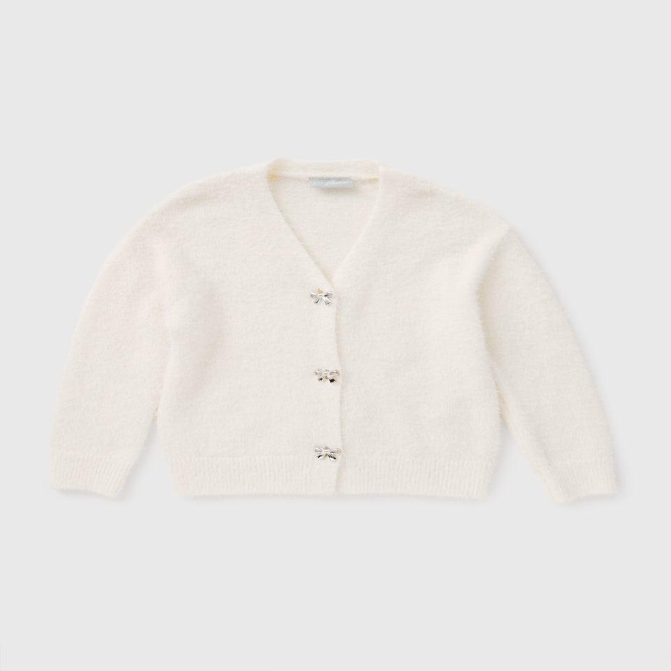 Girls Cream Fluffy Bow Cardigan (7-15yrs)