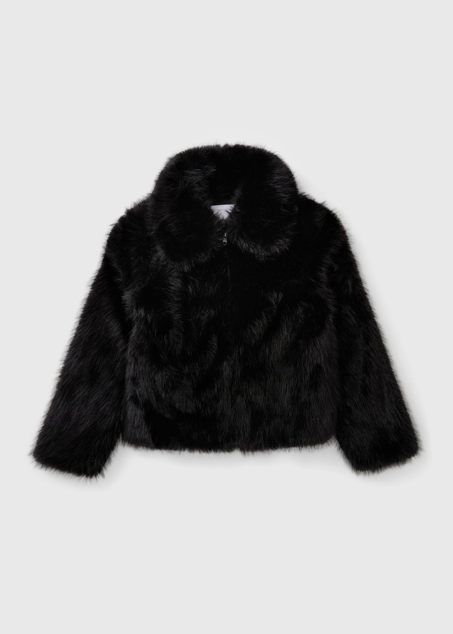 Girls Black Faux Fur Bomber Jacket (7-15yrs)
