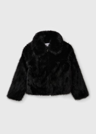 Girls Black Faux Fur Bomber Jacket (7-15yrs)