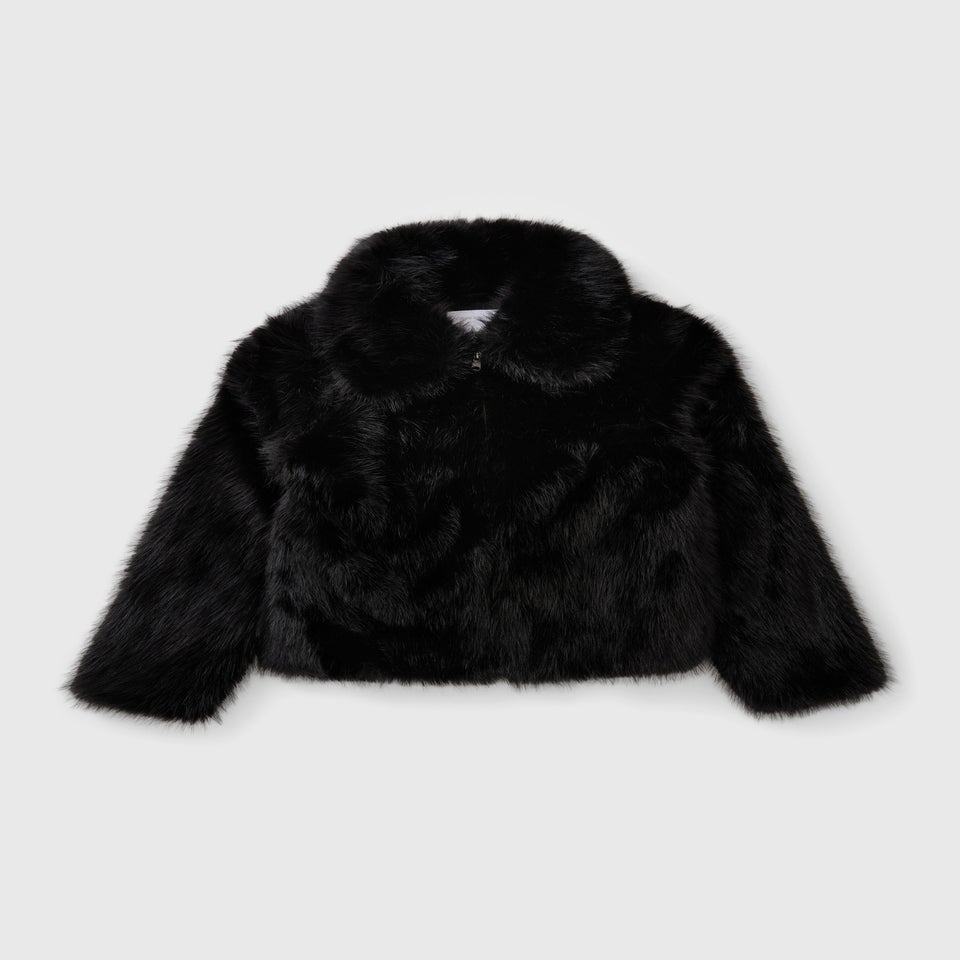 Girls Black Faux Fur Bomber Jacket (7-15yrs)