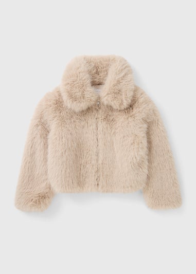 Girls Beige Faux Fur Bomber Jacket (7-15yrs)