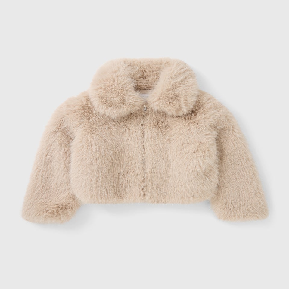 Girls Beige Faux Fur Bomber Jacket (7-15yrs)