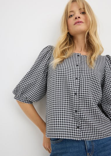 Black Check Button Gingham Blouse