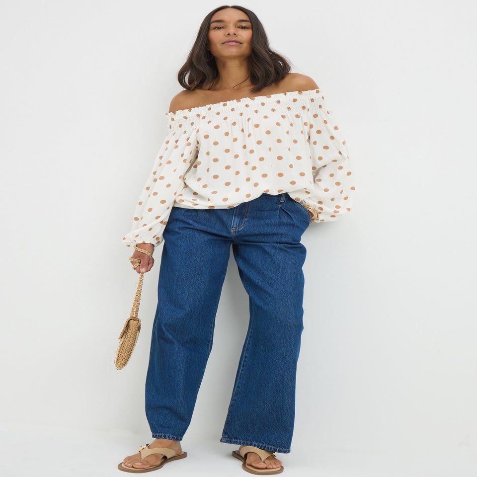 Brown Spot Print Bardot Top