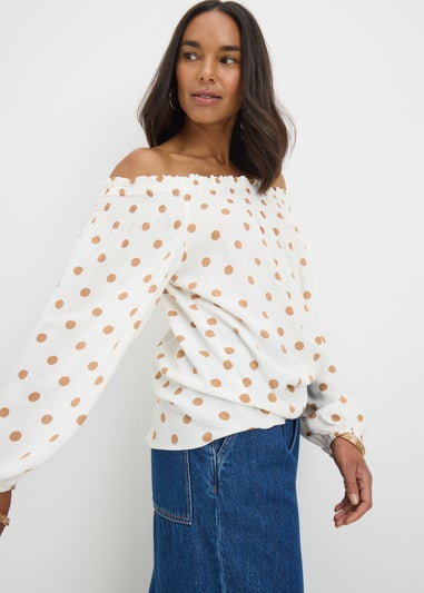 Brown Spot Print Bardot Top