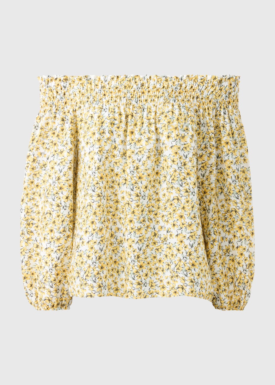 Yellow Ditsy Floral Shirred Bardot Top