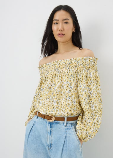 Yellow Ditsy Floral Shirred Bardot Top