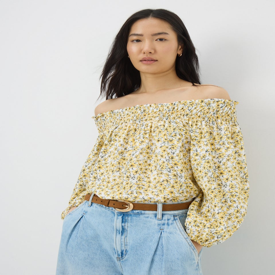 Yellow Ditsy Floral Shirred Bardot Top