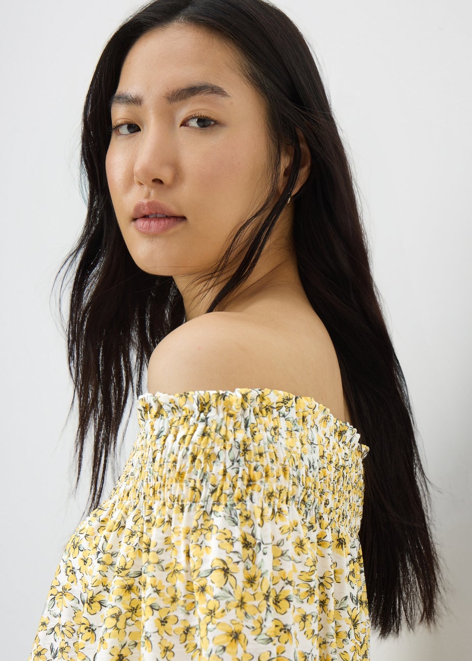 Yellow Ditsy Floral Shirred Bardot Top