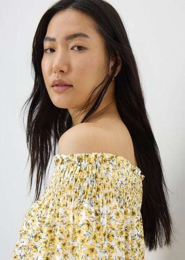 Yellow Ditsy Floral Shirred Bardot Top