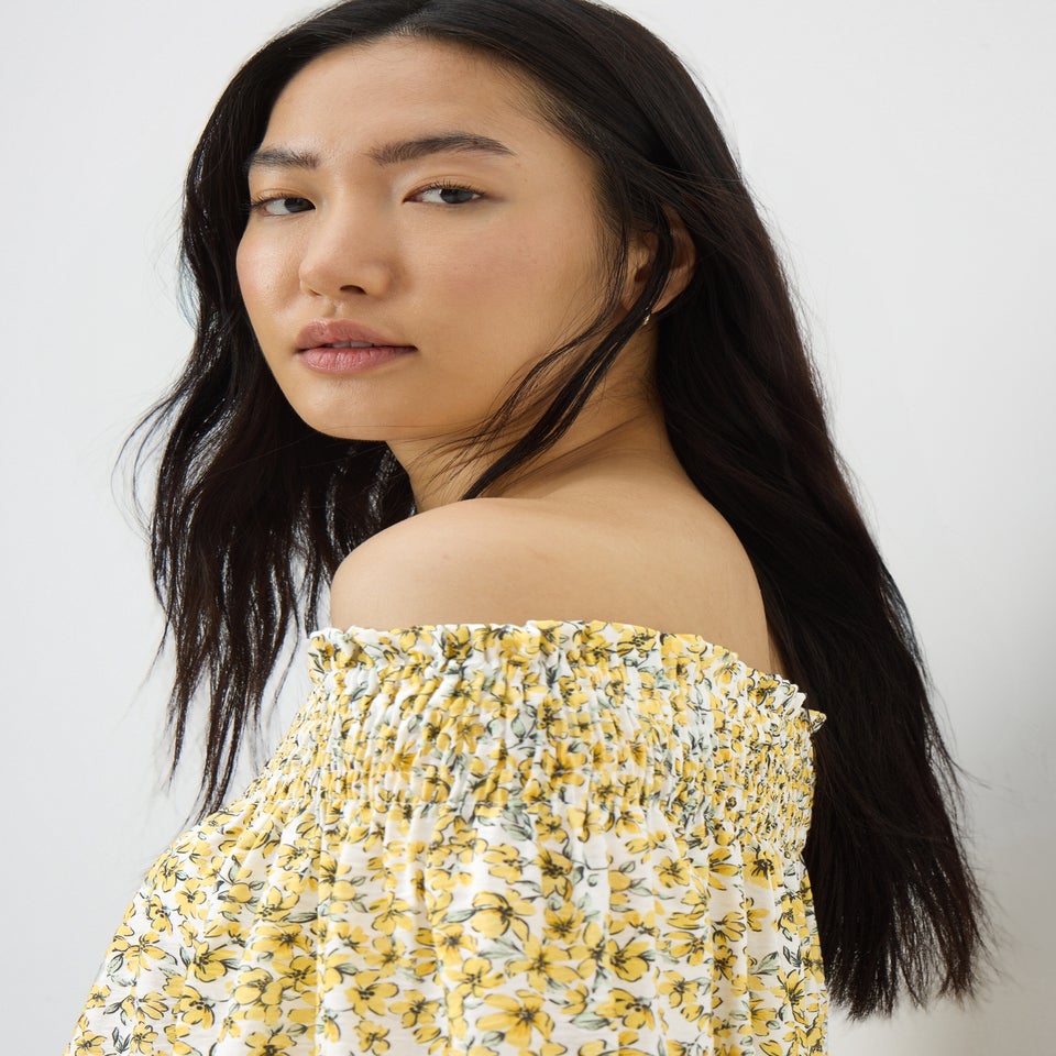Yellow Ditsy Floral Shirred Bardot Top