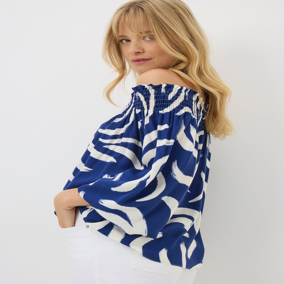 Navy Abstract Shirred Bardot Top