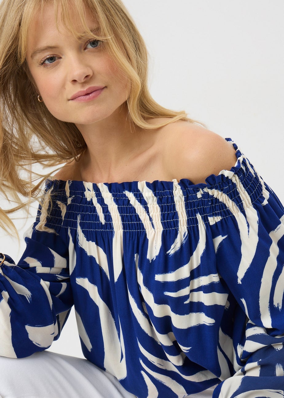 Navy Abstract Shirred Bardot Top