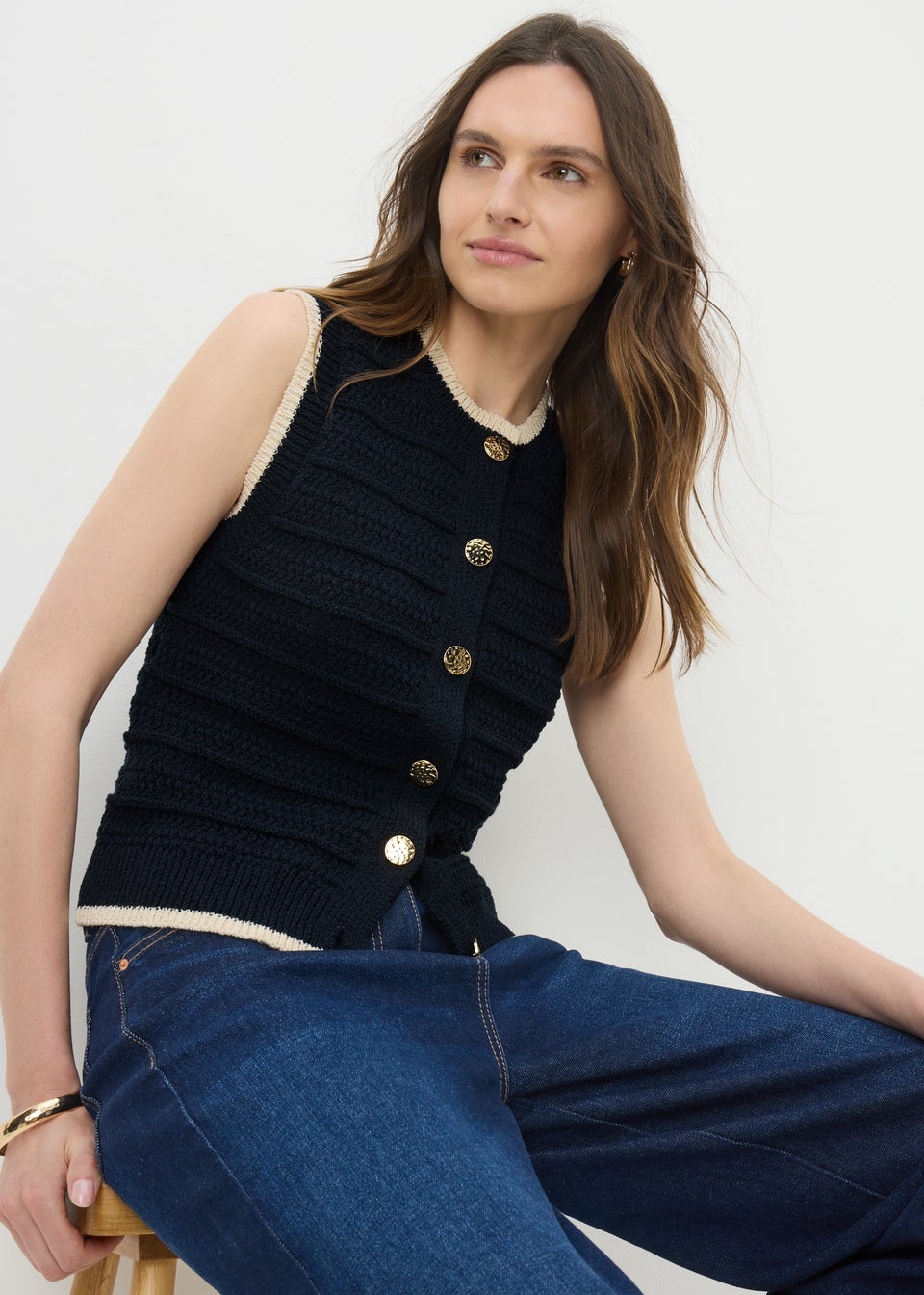 Navy Button Front Knitted Vest