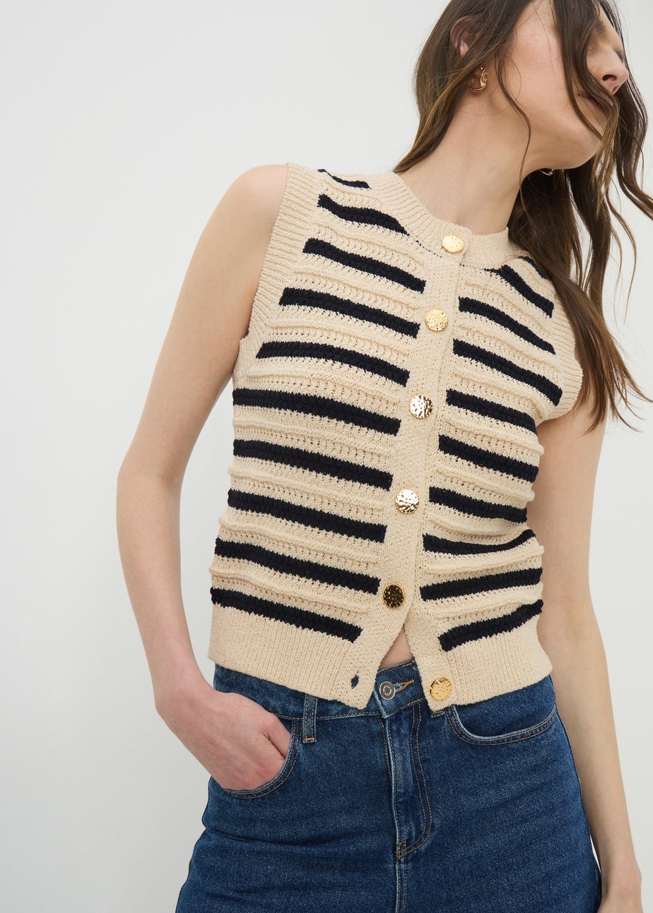 Navy Stripe Knitted Button Front Vest