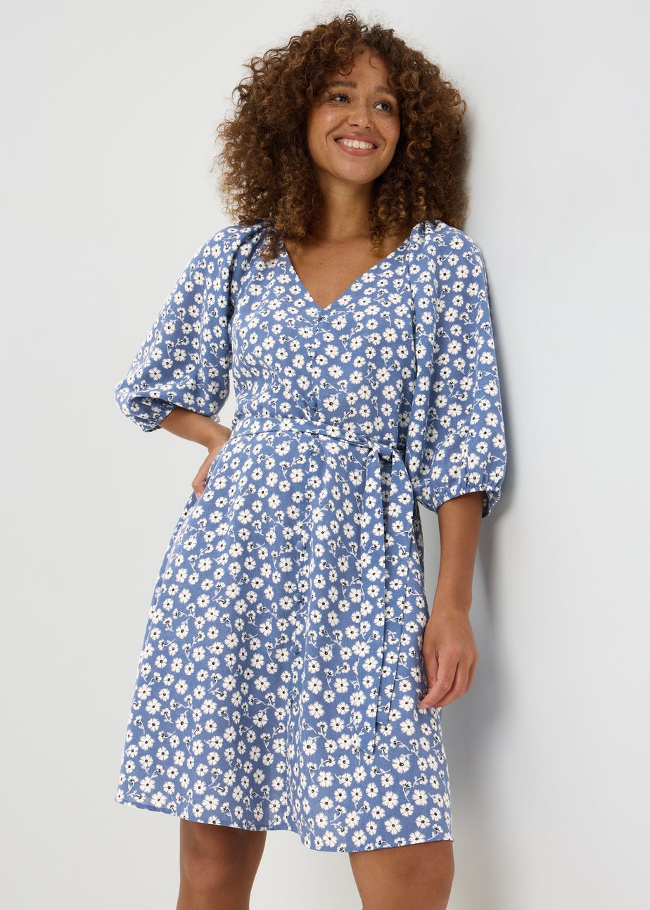 Blue Floral Belted Mini Dress