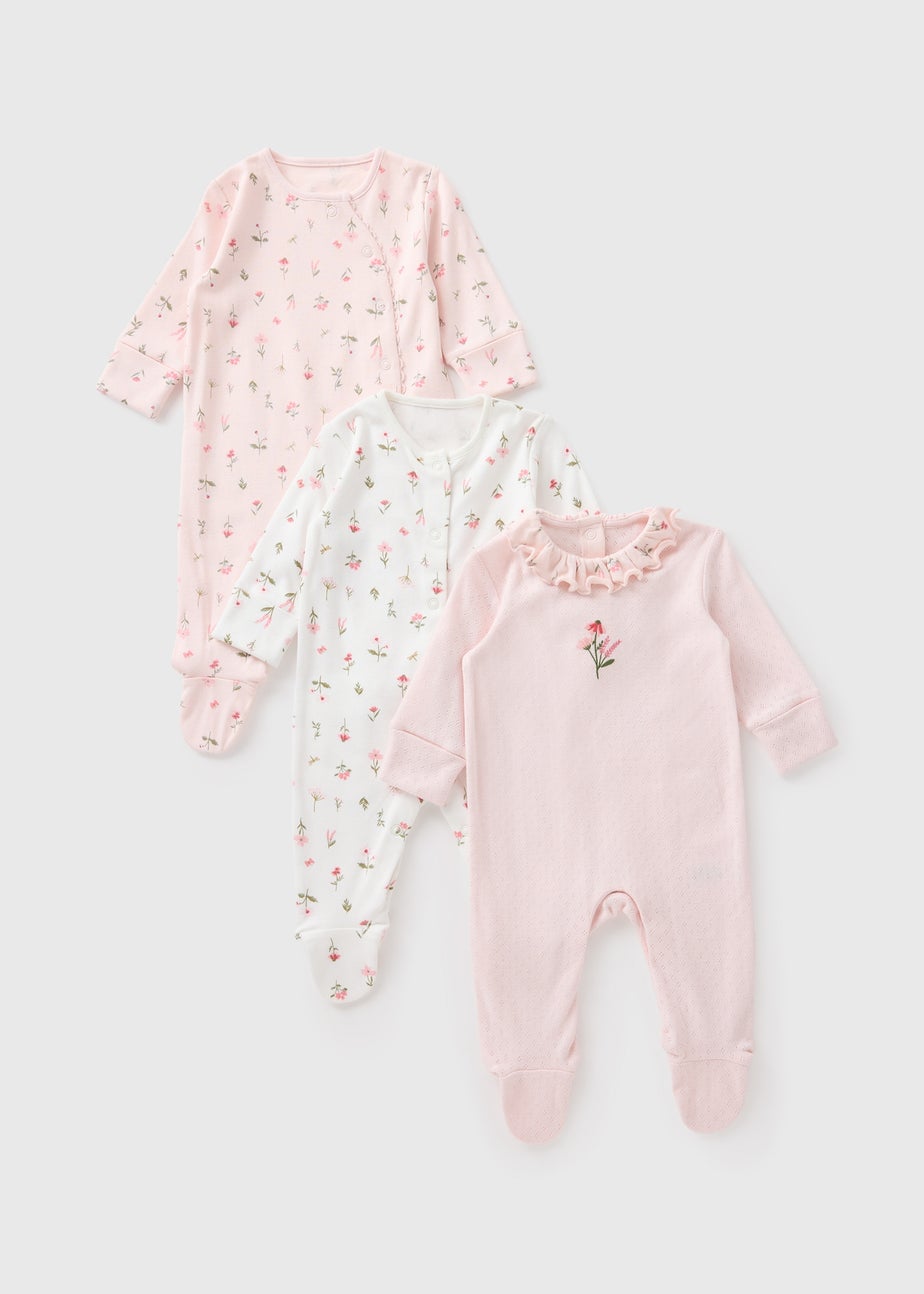3 Pack Baby Pink & Cream Dainty Floral Sleepsuits (Newborn–18mths)