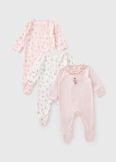 3 Pack Baby Pink & Cream Dainty Floral Sleepsuits (Newborn–18mths)