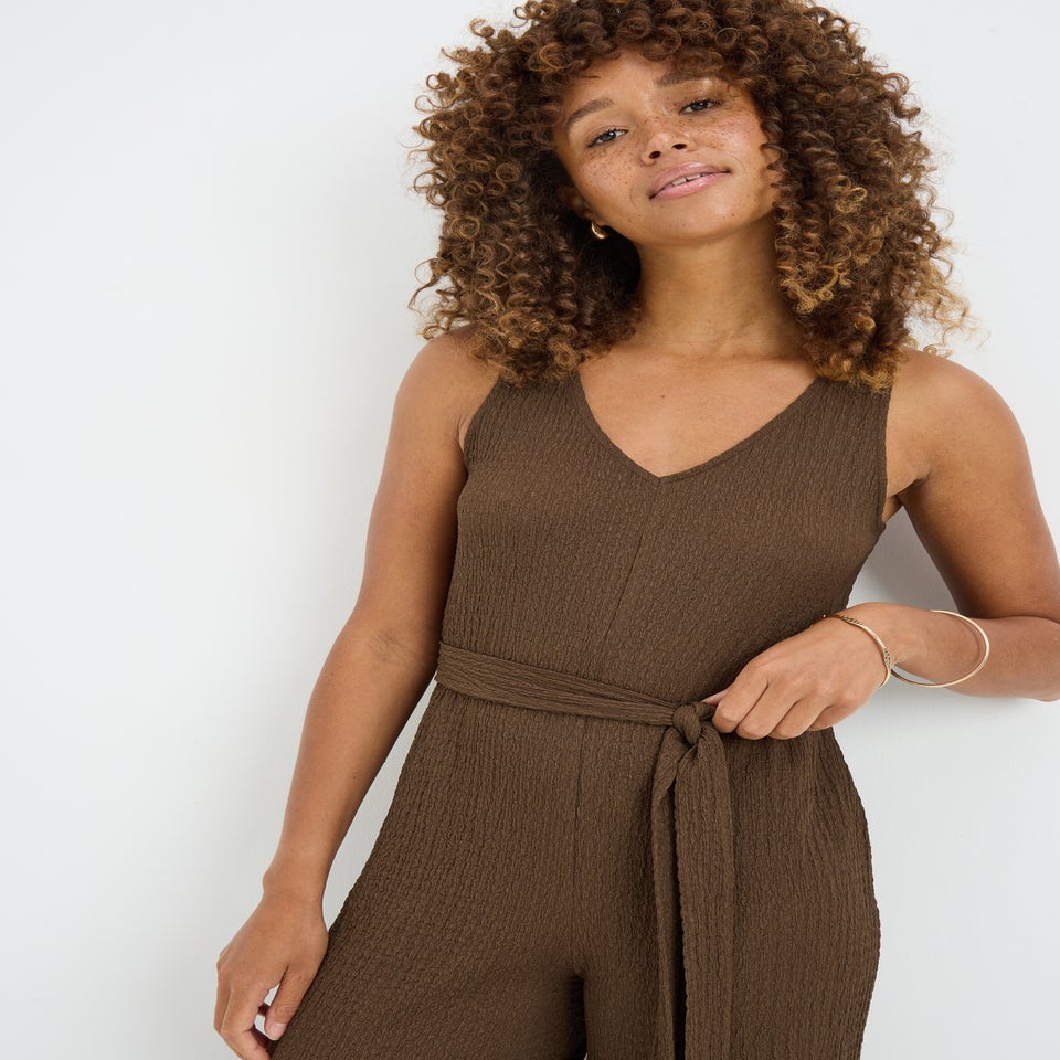 Brown Textured Crinkle Jumpsuit