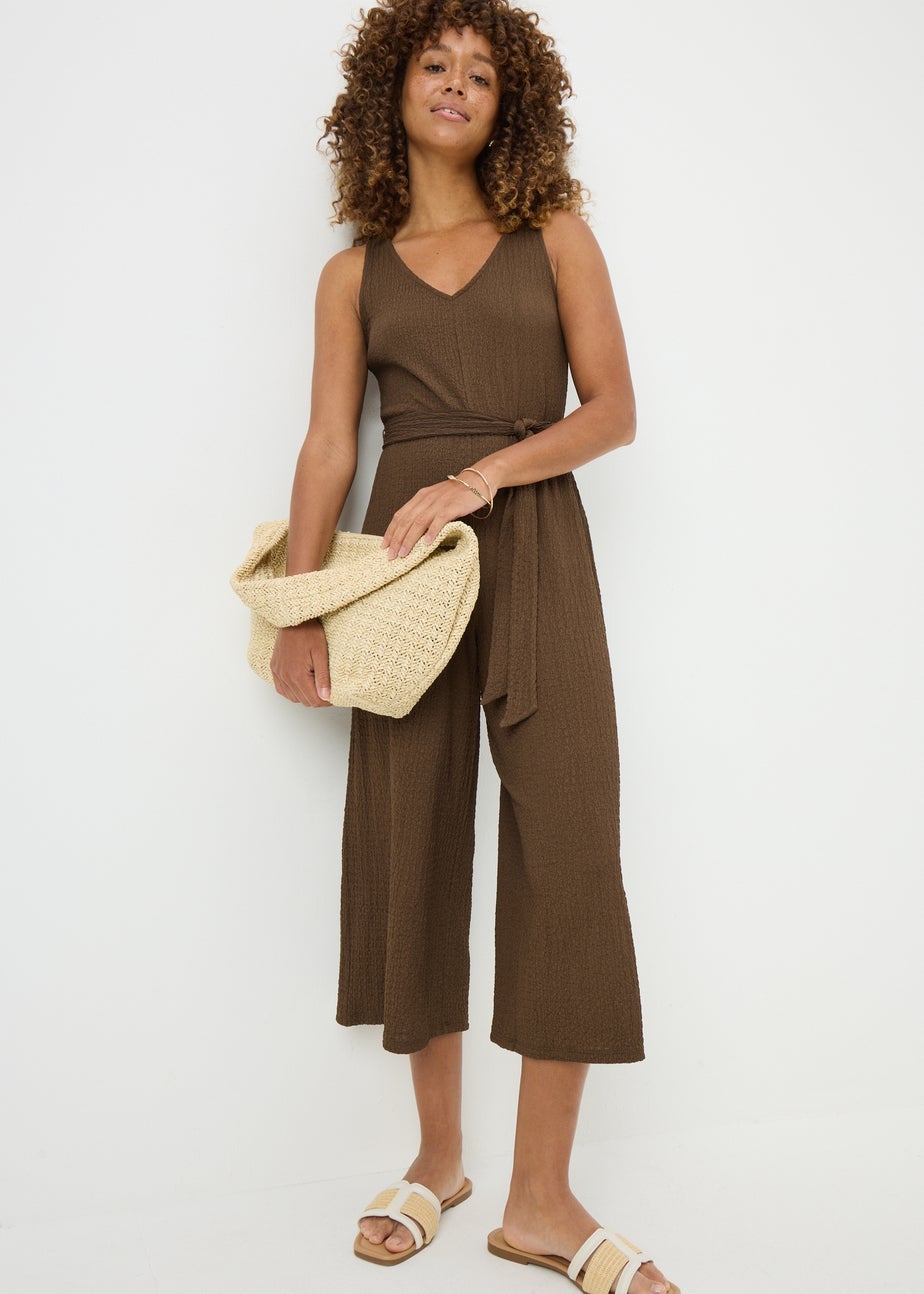 Brown Textured Crinkle Jumpsuit
