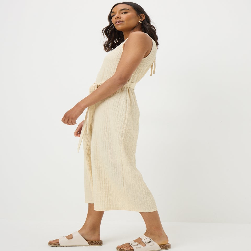 Cream Textured Crinkle Jumpsuit