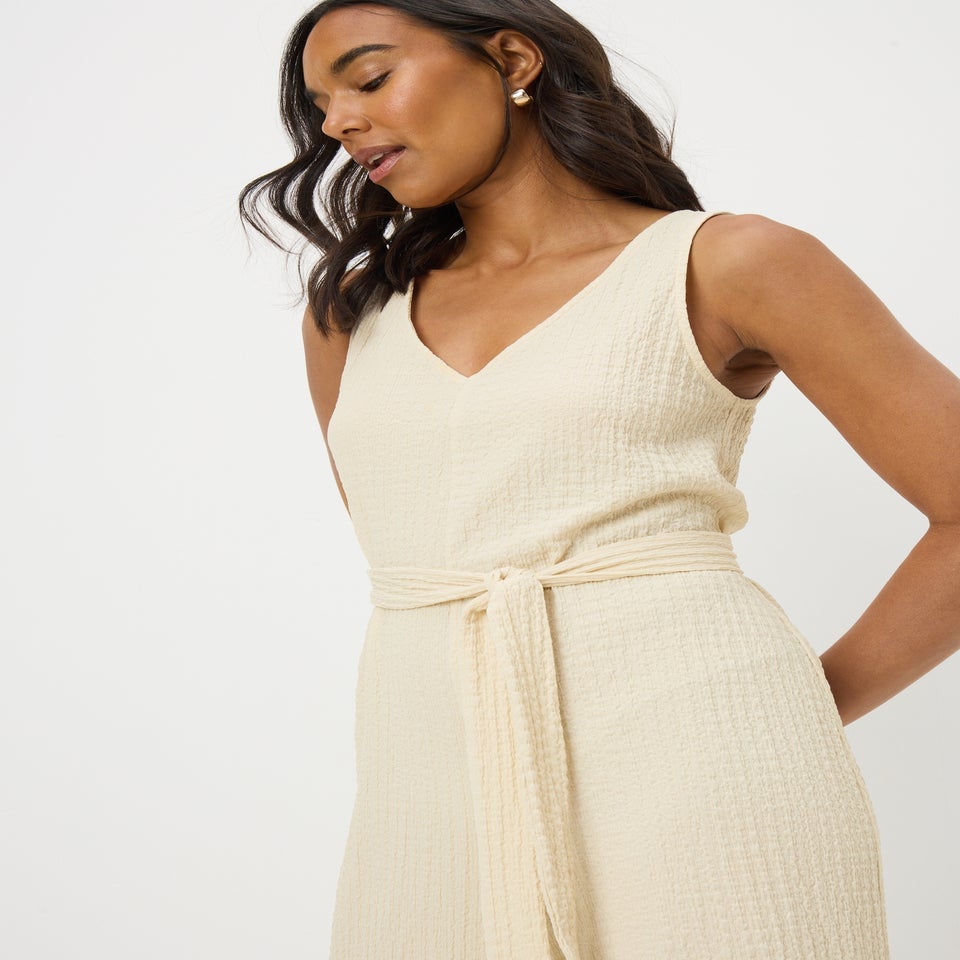 Cream Textured Crinkle Jumpsuit