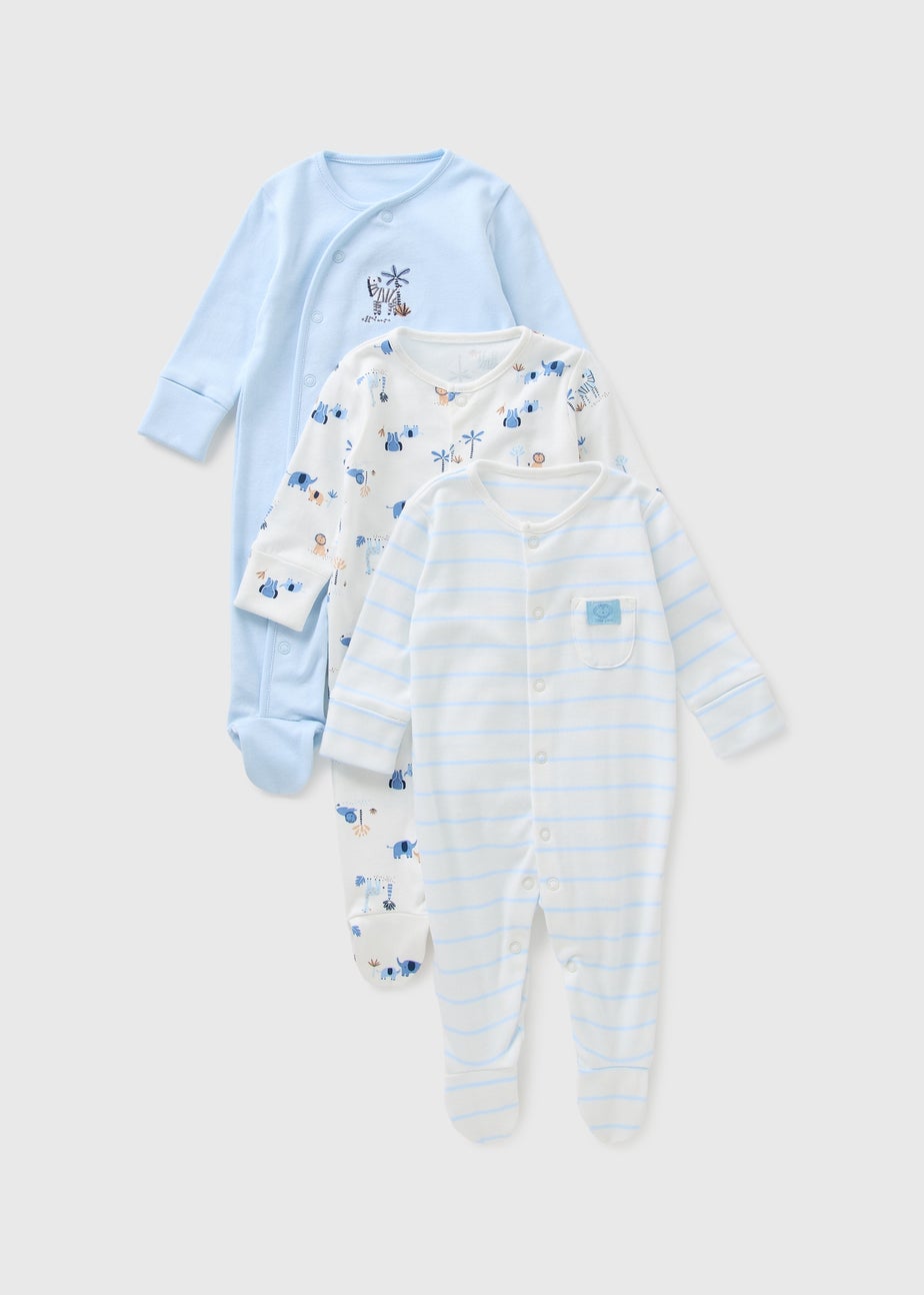 3 Pack Baby Blue Safari Stripe Sleepsuits (Newborn-23mths)