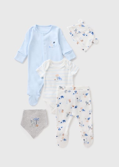 5 Piece Baby Blue Safari Sleepsuit & Bodysuit Set (Newborn-6mths)