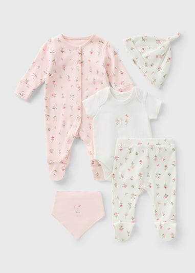 5 Piece Baby Pink Floral Sleepsuit and Bodysuit Set (Newborn-23mths)