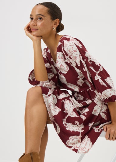 Burgundy Floral Volume Sleeve Mini Dress