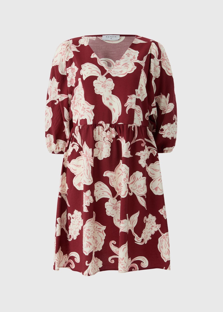 Burgundy Floral Volume Sleeve Mini Dress