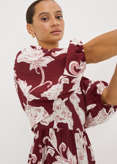 Burgundy Floral Volume Sleeve Mini Dress