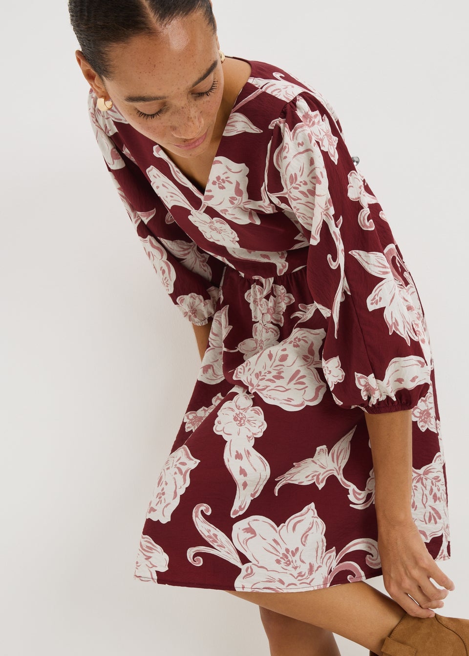 Burgundy Floral Volume Sleeve Mini Dress