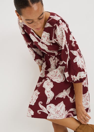 Burgundy Floral Volume Sleeve Mini Dress