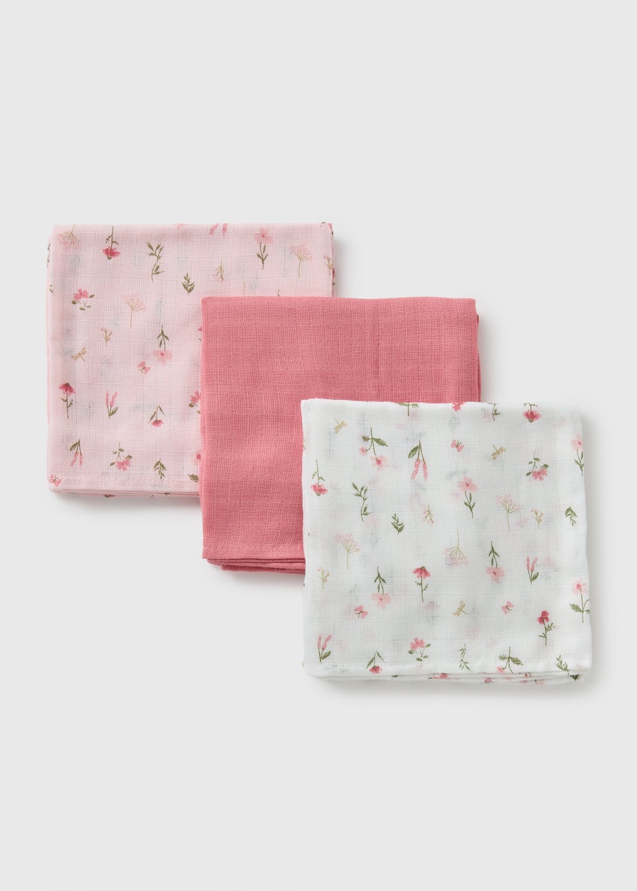 3 Pack Baby Pink Floral Muslin Cloths