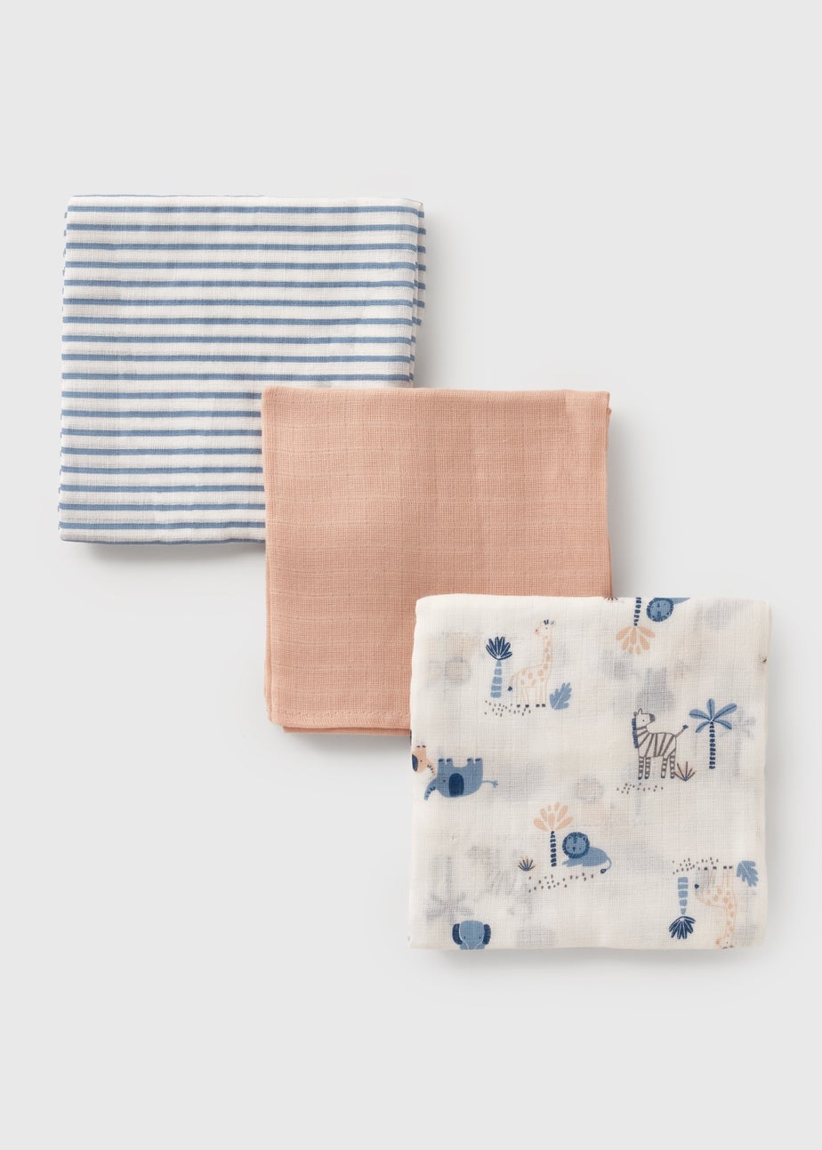 3 Pack Baby Multicolour Animal Stripe Muslin Cloths