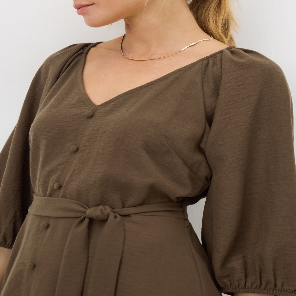Brown Belted Midi Dress