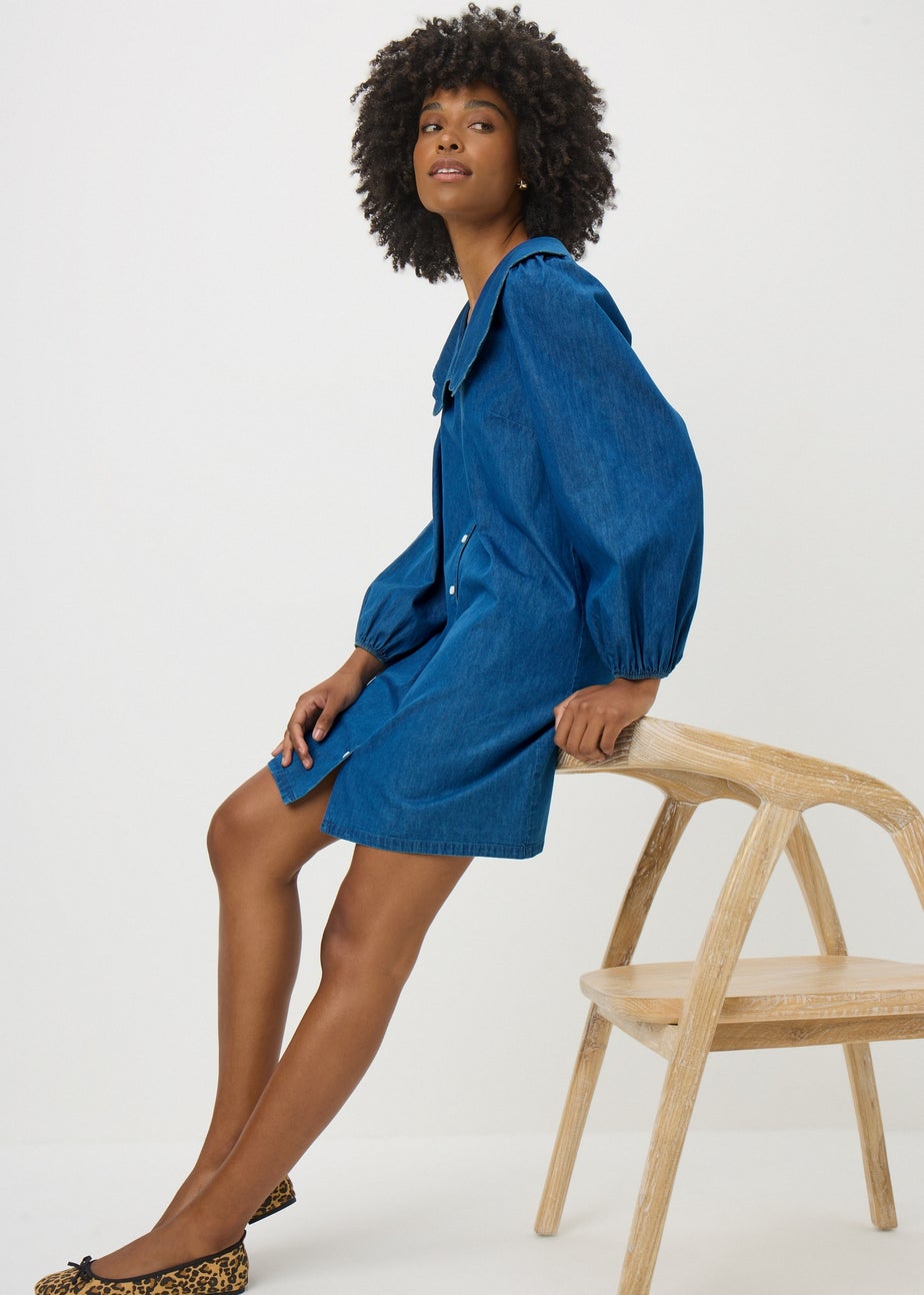 Denim Midwash Scalloped Collar Mini Dress