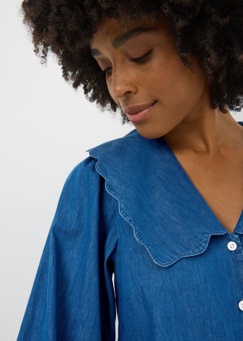 Denim Midwash Scalloped Collar Mini Dress