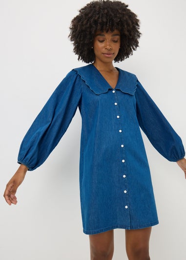 Denim Midwash Scalloped Collar Mini Dress
