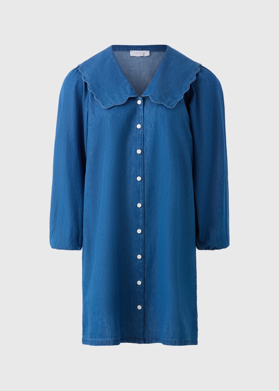 Denim Midwash Scalloped Collar Mini Dress